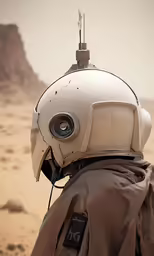 a man wearing a helmet in front of mountains
