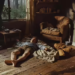 a man laying on a wooden floor in the middle of a living room