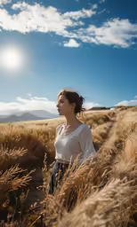a woman is in a field looking at something