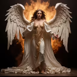 a woman in white with wings in front of fire