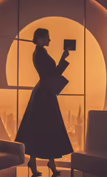 a woman in a black dress looking through a window