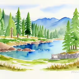 watercolor painting of green and blue forest,the lake is beautiful with mountains and a forest around it,this painting shows a mountain lake with a small tree and a path to the shore,a painting of a blue pond surrounded by pine trees,a watercolor painting of a wooded landscape