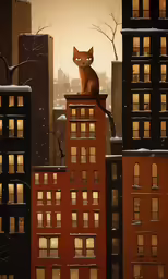 a cat sits on a building with snow in the foreground