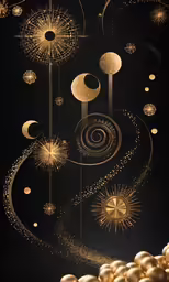 a large picture with a bunch of gold balls and fireworks in the middle