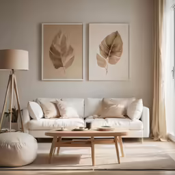the large white couch is next to two pictures