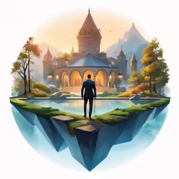 a man standing on a small island with an island in the middle