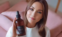 a woman holding up a bottle of beauty products