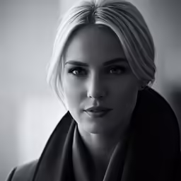 a woman with blond hair wearing a black scarf