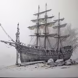 an old fashioned pirate ship on a snowy day