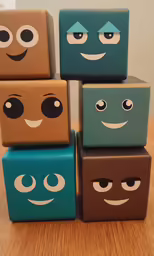 four square cubes with eyes on each one and noses on the other