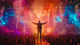 a concert with fireworks and a silhouette of a man standing on a stage with his arms raised,a person standing in front of fireworks on a stage