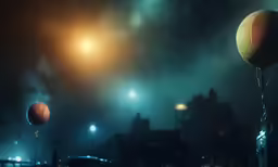 a group of street lights and street lamps shine brightly over an urban area