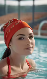 an attractive woman in a swimming pool with a bandana on