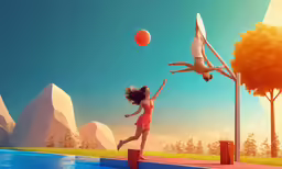 two women in orange clothes playing with a ball in an artistic rendering