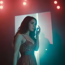 the girl is dressed in a dress with sequins