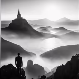 man standing on top of mountain looking over valley and valley below