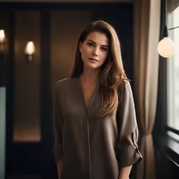 a woman with long hair standing next to a window