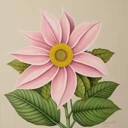 a drawing of a pink flower with green leaves,pink flower with green leaves painted on a tan background