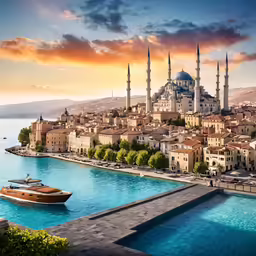 a boat is parked in front of a city