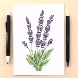 a drawing with pen and watercolor pen beside a purple flower on a card,a painting with a pencil in front of it of some lavender flowers,some pens laying on top of a white card,a drawing of purple flowers and leaves,a drawing of a field with some purple flowers