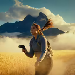 woman with camera, on a misty day in front of mountain