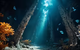 underwater view of sunlight shining through trees in the woods