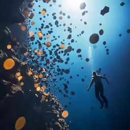 a person swimming near lots of balloons flying above