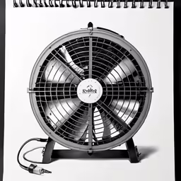 the large black fan is on top of a spiral notebook