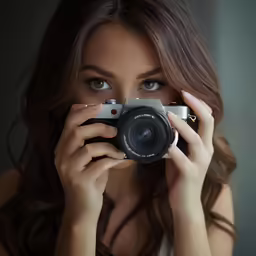 woman taking photograph with digital camera in home