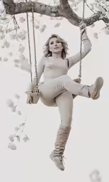 a young woman in tight clothes swinging on swings