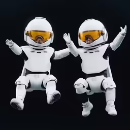 two white robotic men wearing yellow goggles and glasses