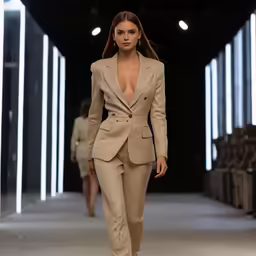 a woman in a beige suit walks down the runway