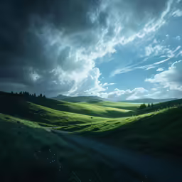 a dirt road winds through an open green field