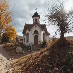 an old church with the sun shining brightly
