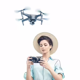 a girl holding up a camera and a flying camera