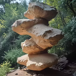 some very big rocks in the middle of the woods