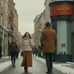 a couple walking down the street in winter with one woman on her cell phone