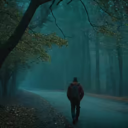 a person walking down a street in the forest