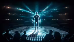 the stage is lit by multiple lighting from different locations,there is a man walking in the stage lights