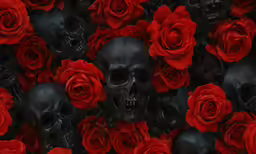 a background with black and red skulls and roses
