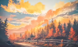 there is an image of a forest with oranges and browns