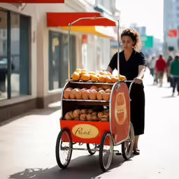 a woman standing behind a cart full of bread