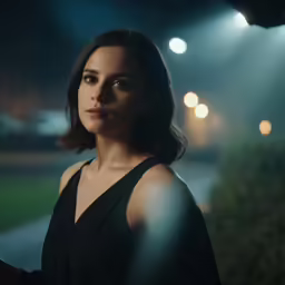 a woman poses in front of the street at night