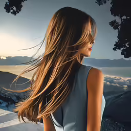 a woman with long hair stands on the snowy mountainside