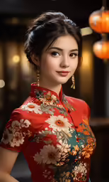 a woman is wearing a colorful shirt and diamond earrings