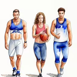 three people in different clothing with a ball in their hands,the two men are standing with their balls,three different types of men and women are shown in this illustration,three people with one in a blue tank top and the other wearing white shorts and shirts,three people with different sports outfits and a basketball