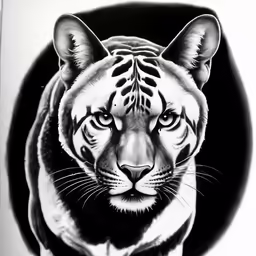 an illustration of a tiger face is in black and white