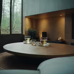 two teacups sit on a table next to each other in front of a window