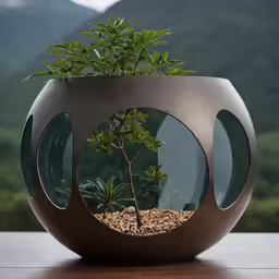 a potted plant is inside of a round, metal bowl