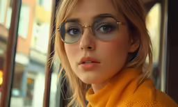 the blonde woman with glasses is looking outside the window